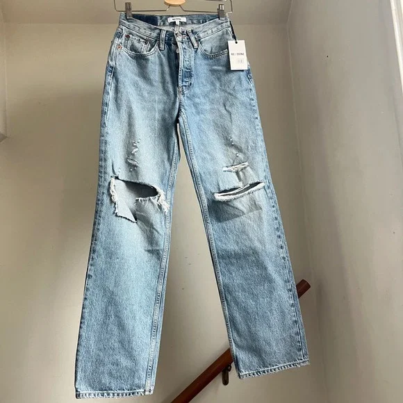 Re/Done 90s Comfy Jean Distressed Ripped Sunfaded Destroy Baggy Size 23 NWT - Picture 2 of 13